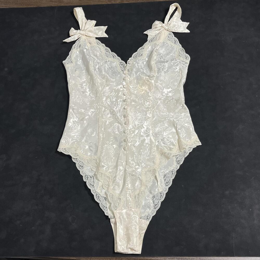 Vintage Victorias Secret Gold Label Teddy Lace Bodysuit Romper Satin Floral Bow